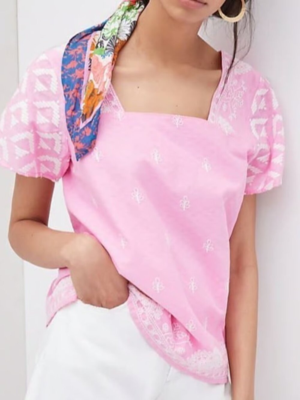 Forever That Girl for Anthropologie Pink Embroidered Square-Neck Women's Blouse